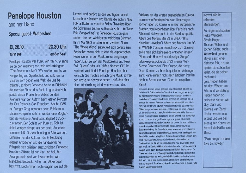 Jubez-Programm vom Oktober 1993 mit Penelope Houston & Band (Special Guest: Watershed)