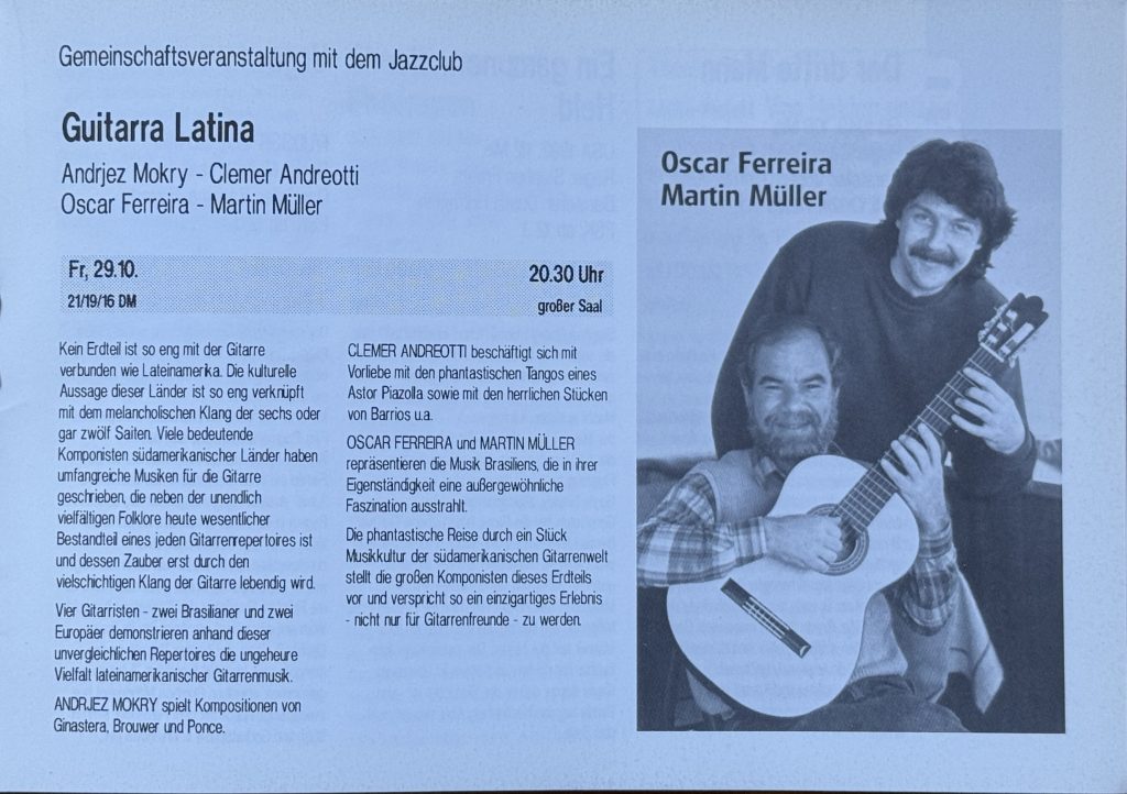 Jubez-Programm vom Oktober 1993 mit Guitarra Latina (Andrjez Mokry - Clemer Andreotti - Osca Ferreira - Martin Müller)