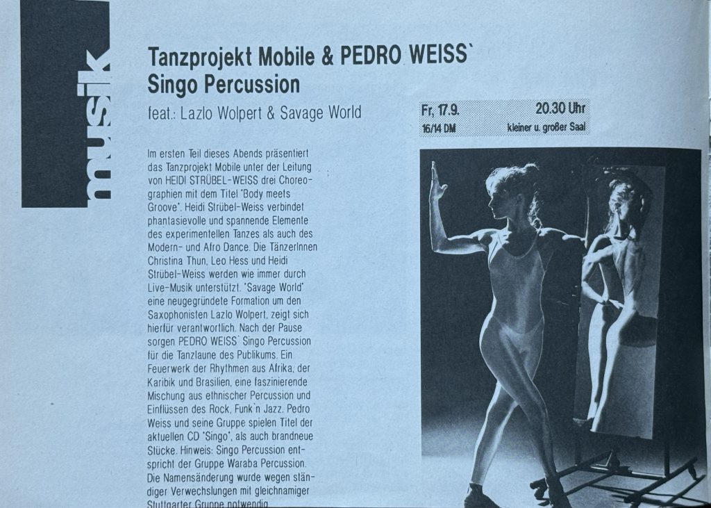 Jubez-Programm vom September 1993 mit dem Tanzprojekt Mobile & Pedro Weiss (Featuring. Lazlo Wolpert & Savage World)