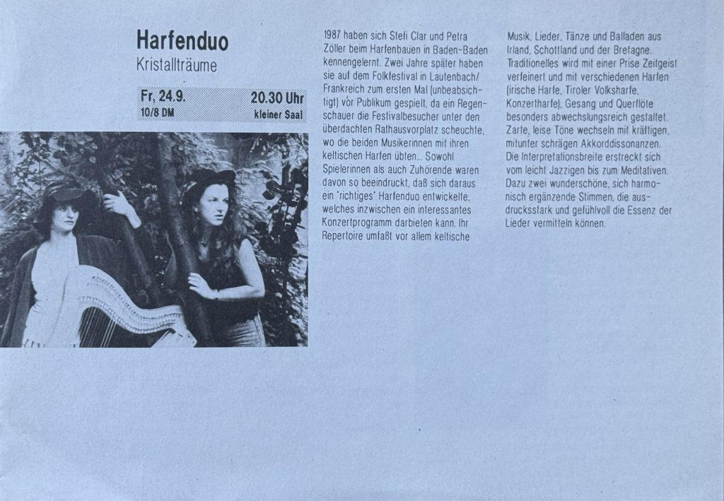 Jubez-Programm vom September 1993 mit dem Harfenduo (Stefi Clar und Petra Zöller)