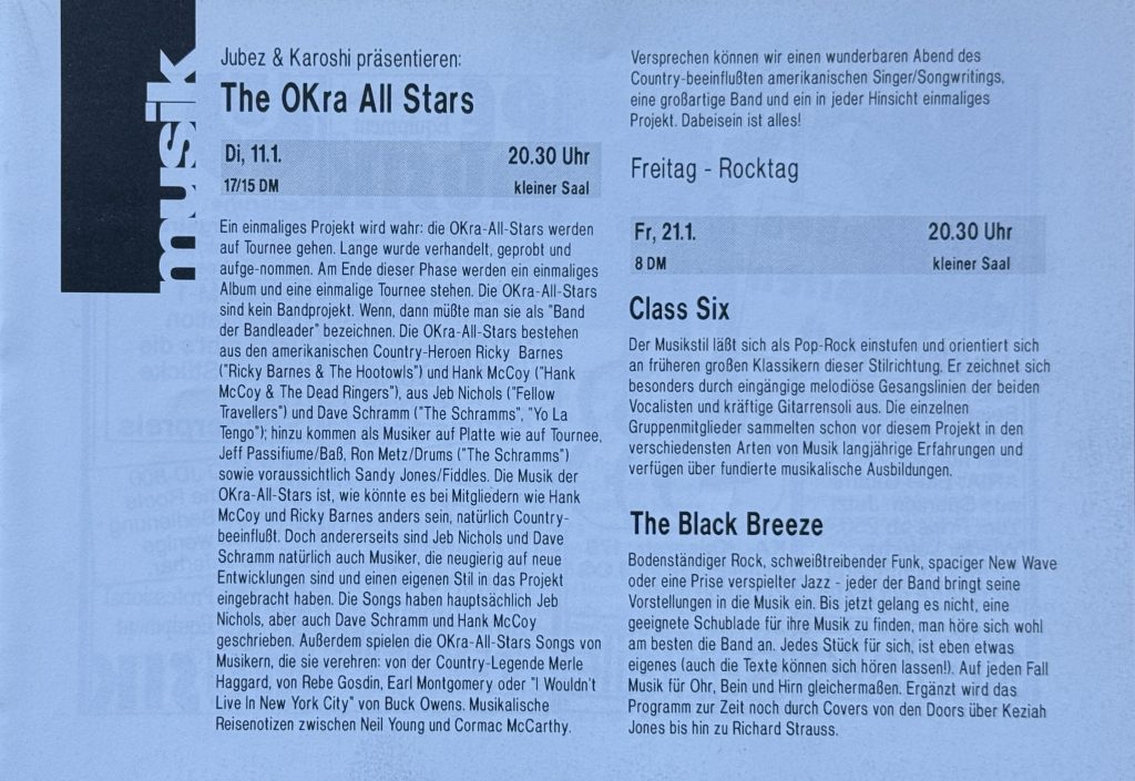 Jubez-Programm vom Januar 1994 mit The Okra All Stars in Zusammarbeit mit Karoshi, Class Six und The Black Breeze