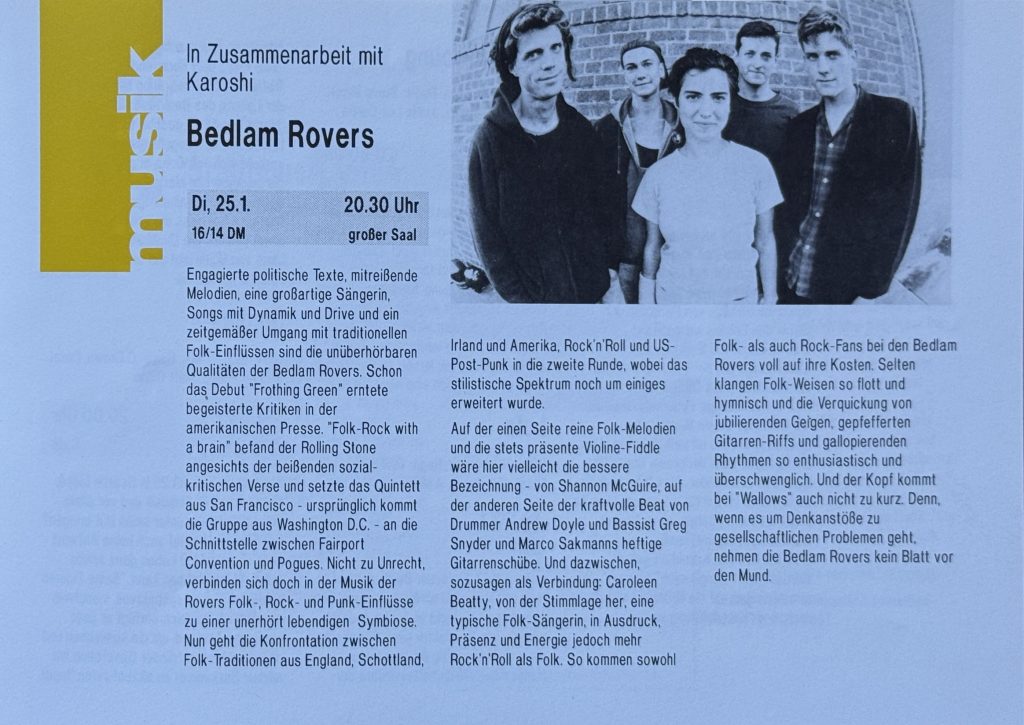 Jubez-Programmheft Januar 1994 mit den Bedlam Rovers (in Zusammenarbeit mit Karoshi)