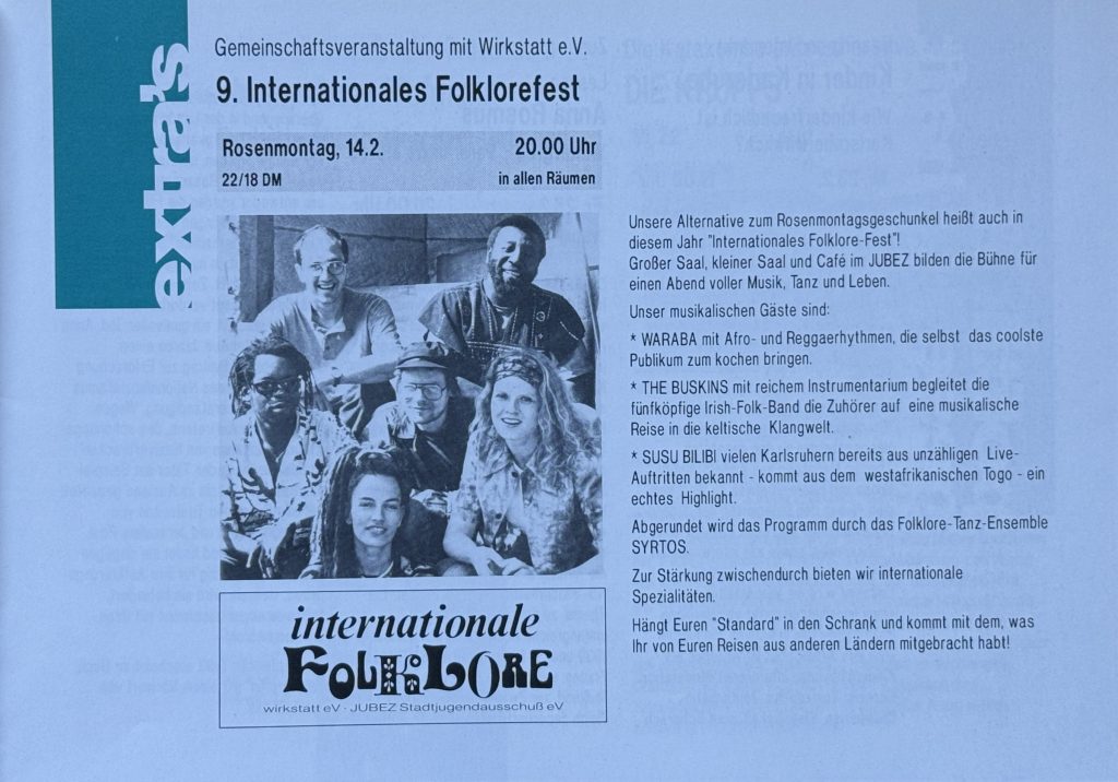 Jubez- Programmheft vom Februar 1994 mit dem 9. Internationalen Folklorefest (in Zusammenarbeit mit Wirkstatt e.V.)
