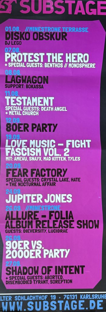 Substage Plakat August-September 2026 mit Jupiter Jones, Testament, Death Angel, Metal Church, Lagwagon, Benthos, Monosphere, Protest the Heroes, Fear factor, Allure, Dieversity, Lucidrae