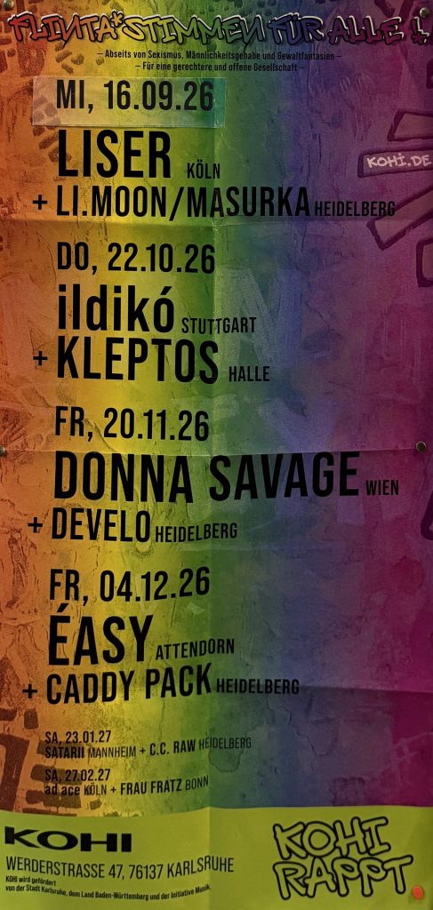 Kohi rappt -Plakat - Liser + Li.Moon/Maurka und ildikó + Kleptos, sowie Donna Savage und Develo, Easy und Caddy Pack 2026
