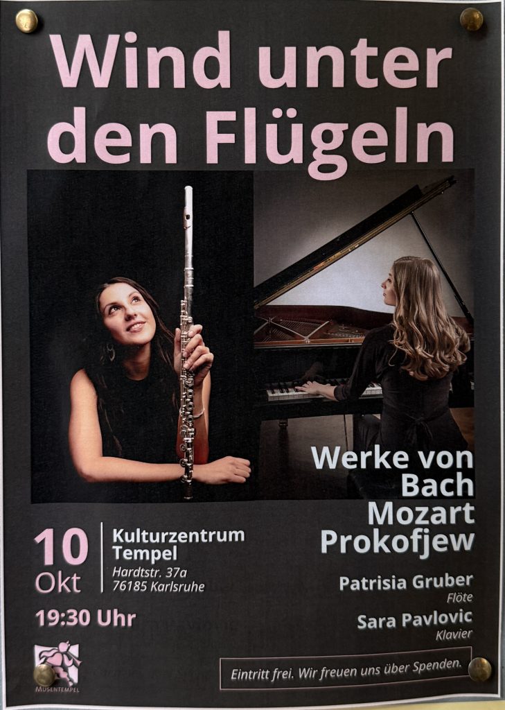Wind unter den Flugeln, Werke von Bach, Mozart, Prokofjew mit Patricia Gruber und Sara Pavlovic im Kulturzentrum Tempel am 10.10.2026 um 19:30 Uhr
