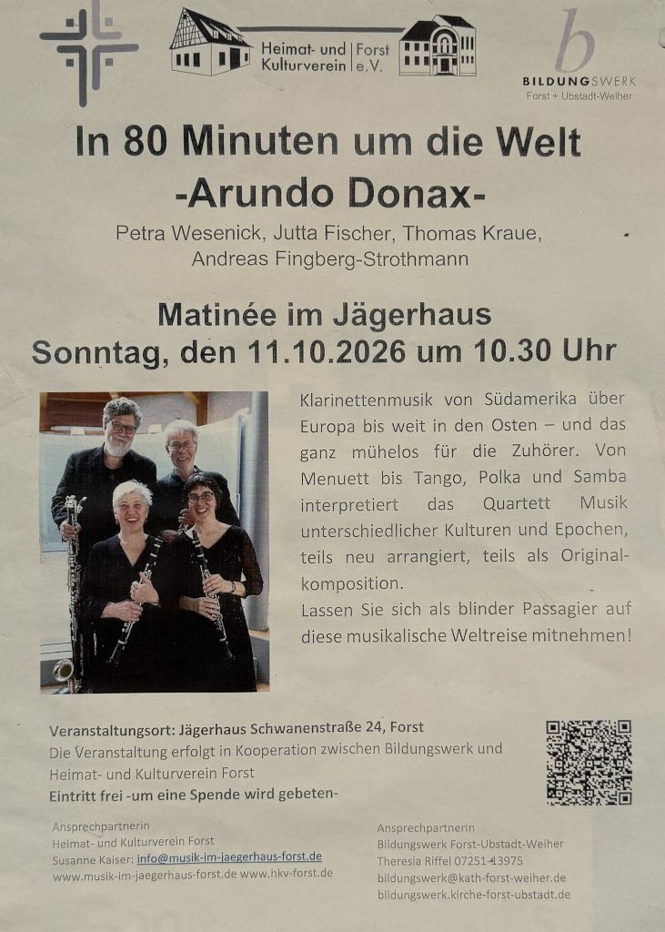 Musik im Jägerhaus Forst - ARUNDO DONAX -Peter Wesenick, Jutta Fischer, Thomas Kraue, Andreas Fingberg-Strothmann am 11.06.2026 um 10:30