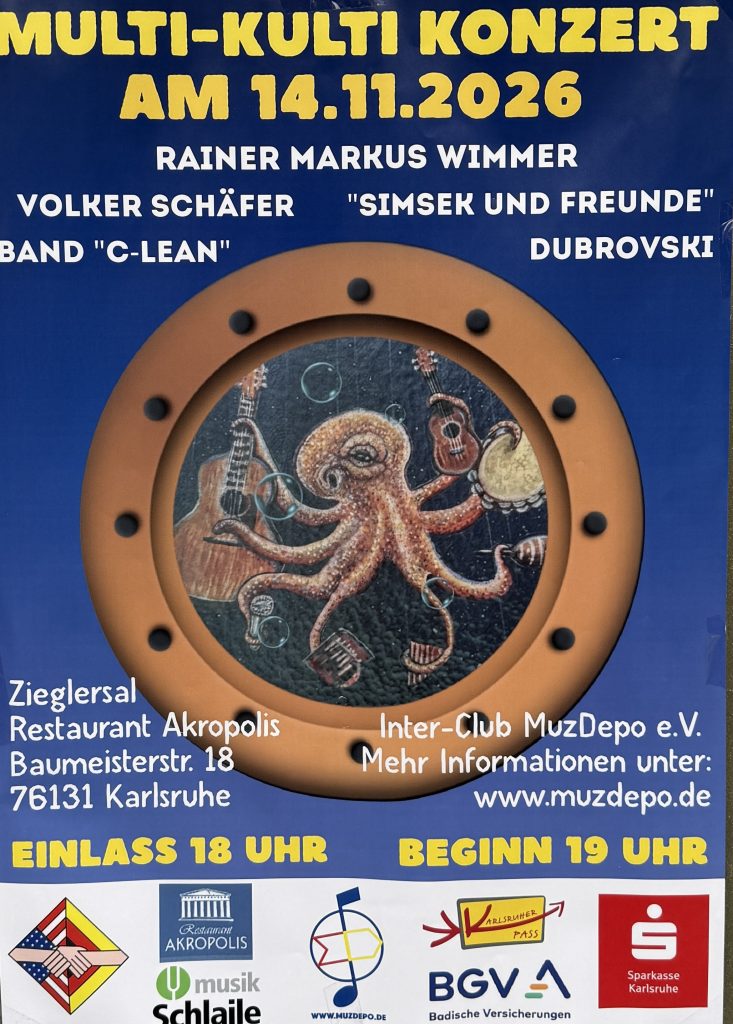 Zieglersaal - Restaurant Akropolis  - Multi-Kulti-Konzert am 14.11.2026 mit Rainer Markus Wimmer, Volker Schäfer, Simsek und Freunde, Band "C-Lean" und Dubrovski